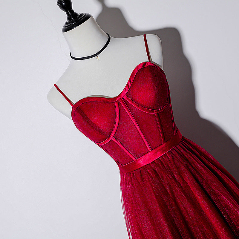 Vintage Spaghetti Straps Lace Up Burgundy Tea Length Homecoming Dresses Prom Dresses