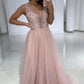 Girly Light Pink V-neck Beading Tulle A-line Long Prom Dresses For Teens