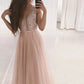 Girly Light Pink V-neck Beading Tulle A-line Long Prom Dresses For Teens