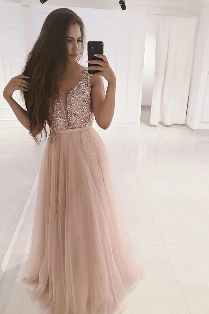 Girly Light Pink V-neck Beading Tulle A-line Long Prom Dresses For Teens