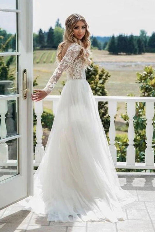 Chic Long Backless Ivory Wedding Dresses With Sleeves Charming Bridal Gown