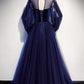 Vintage Long Simple Long Sleeves Evening Prom Dresses Open Back Blue Party Dresses