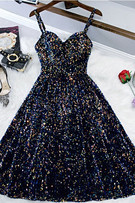 Glitter Spaghetti Straps Cute Short Prom Dresseses Tight Tea Length Homecoming Dresses