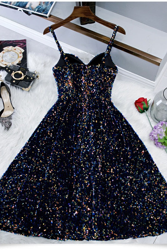 Glitter Spaghetti Straps Cute Short Prom Dresseses Tight Tea Length Homecoming Dresses