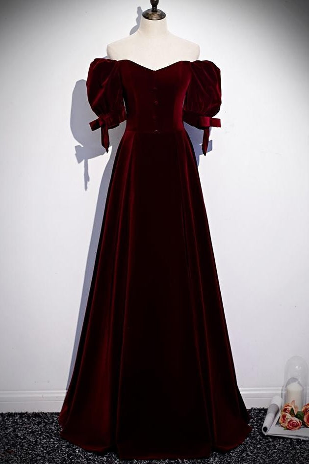 Modest Charming Burgundy Long Prom Dresses Vintage Evening Dresses With Bowknot