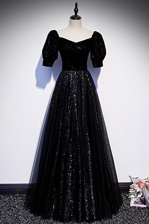 long sleeve black sparkly prom dress Modest A-line Dresses With Sleeves Evening Gowns Women's Square Neck Skater Print: Striped Inseam:Petite-27