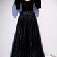 Modest Sparkly Black Long A-line Prom Dresses With Sleeves Evening Gowns