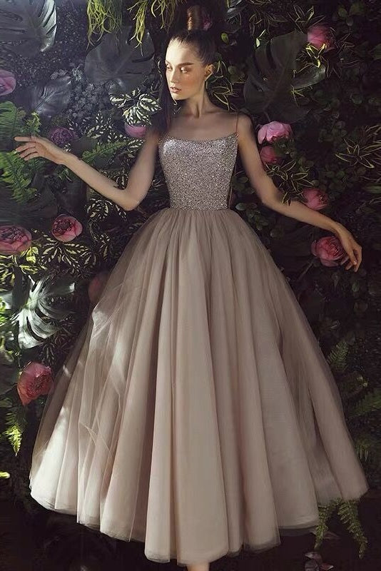 Elegant Spaghetti Straps Ankle Length Tulle Prom Dresses Cute Dress M1072