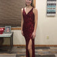 Glitter Burgundy Long V-neck Floor Length Simple Prom Dresses