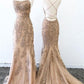Pretty Spaghetti Straps Long Mermaid Backless Lace Elegant Prom Dresses