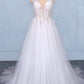 Flowy A-line Long V-neck Lace Tulle Beach Wedding Dresses Bridal Gowns