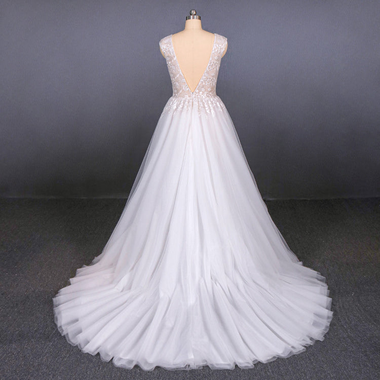 Ivory V Neck Lace Tulle Bridal Dress A Line Beach Wedding Dress main image 1