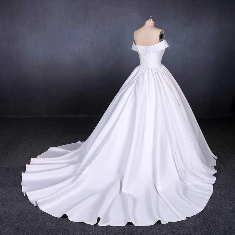 Simple Off The Shoulder Ivory Satin Wedding Dresses Lace Up Wedding Gowns