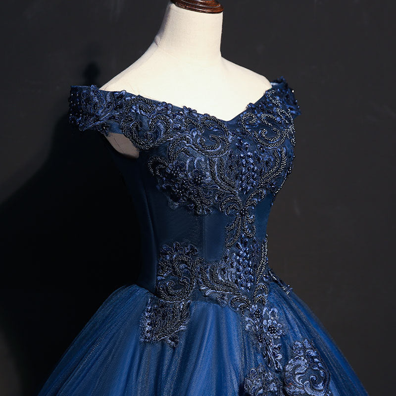Off The Shoulder Lace Up Floor Length Prom Dresses With Lace Appliques