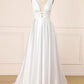 Elegant Ivory V-neck Simple Satin Prom Dresses With Pockets