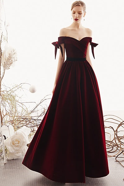 Charming Off The Shoulder Long A-line Burgundy Velvet Evening Dresses Prom Dresses M852
