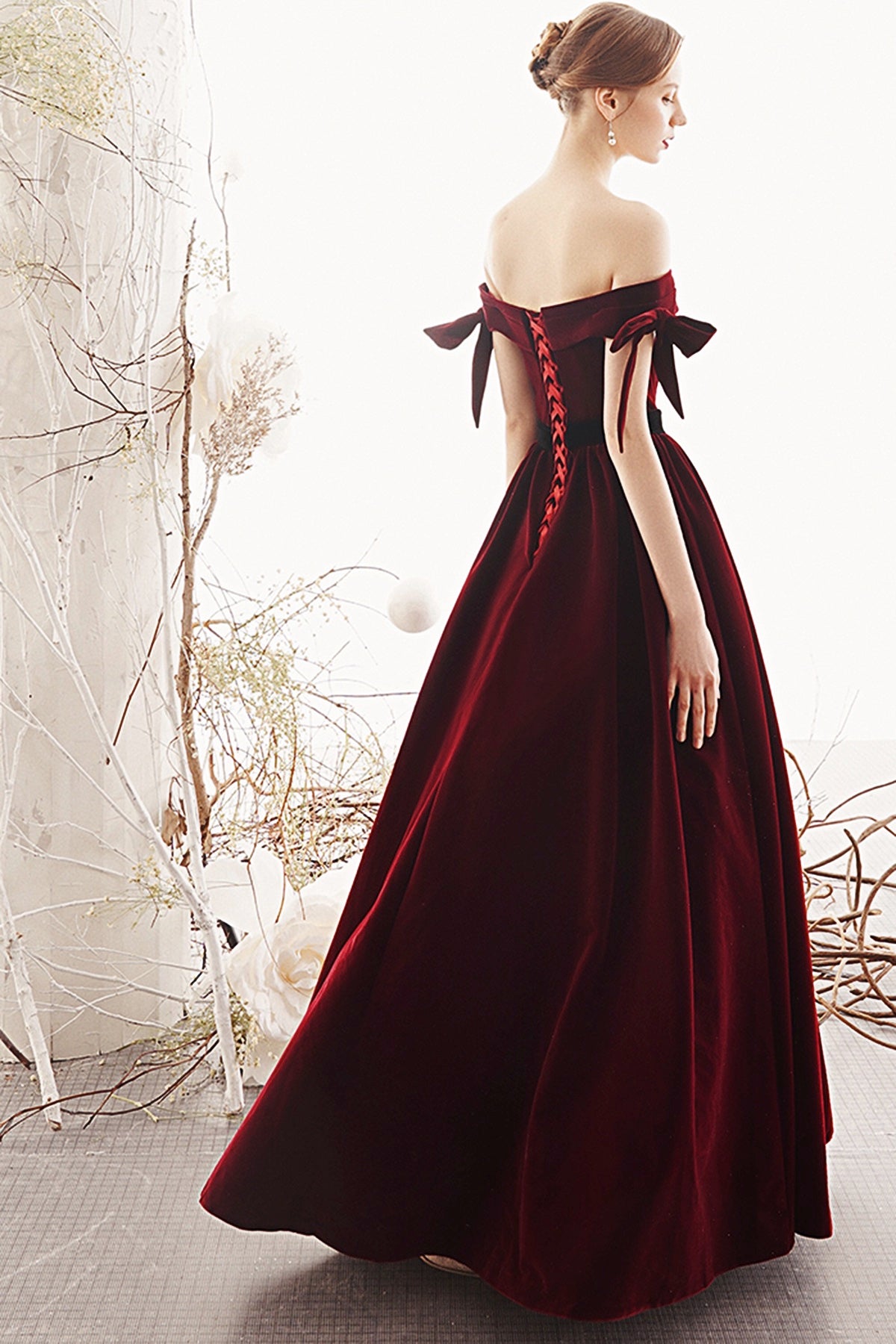 Charming Off The Shoulder Long A-line Burgundy Velvet Evening Dresses Prom Dresses