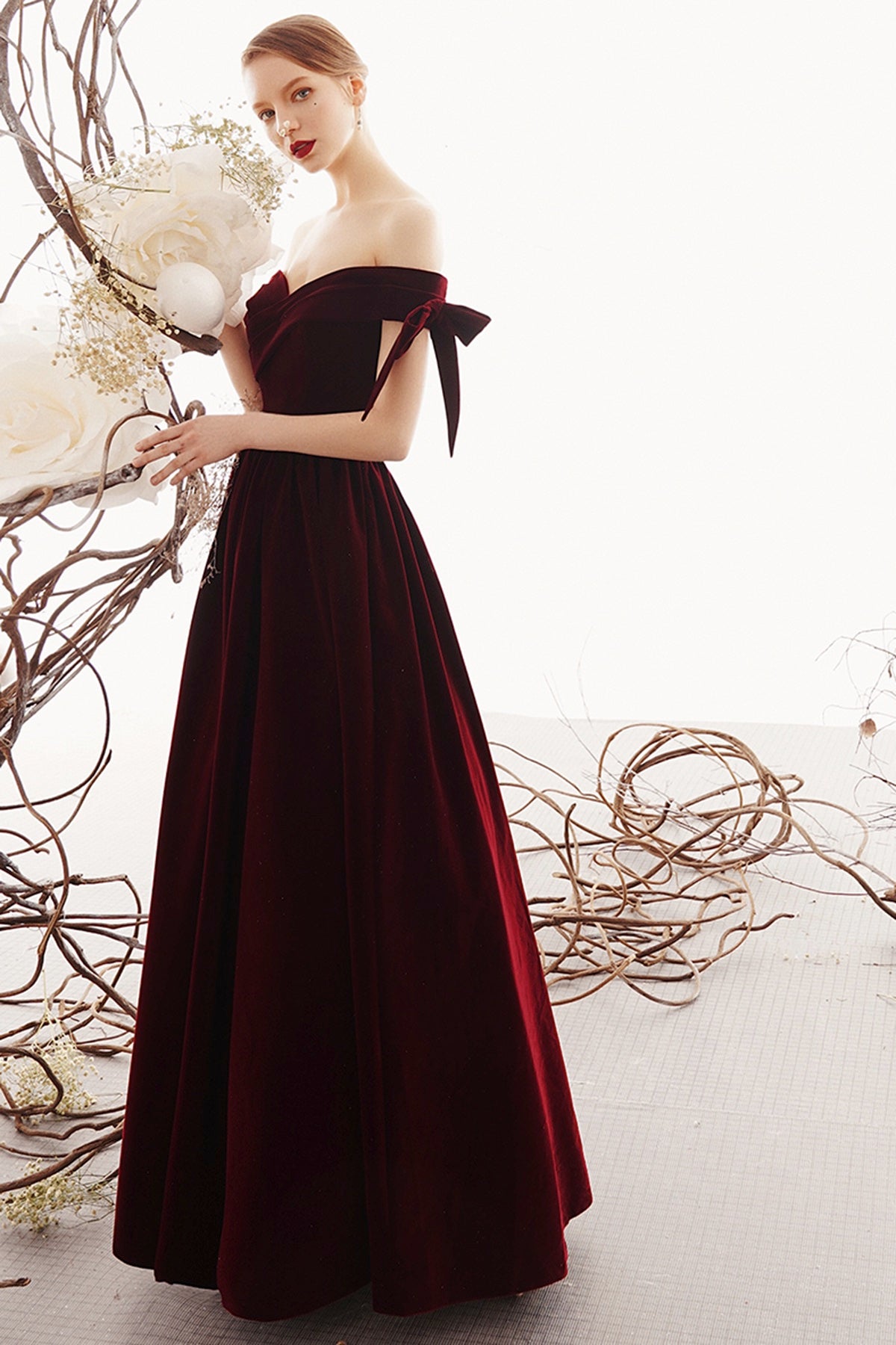 Charming Off The Shoulder Long A-line Burgundy Velvet Evening Dresses Prom Dresses
