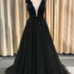 Formal Deep V-neck Long Black Party Prom Dresses With Lace Appliques