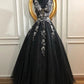 Unique Black And V-neck Lace Up Beading Tulle Prom Dresses