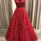 Pretty Burgundy Beading V-neck Red Lace Long Prom Dresses Prom Gowns
