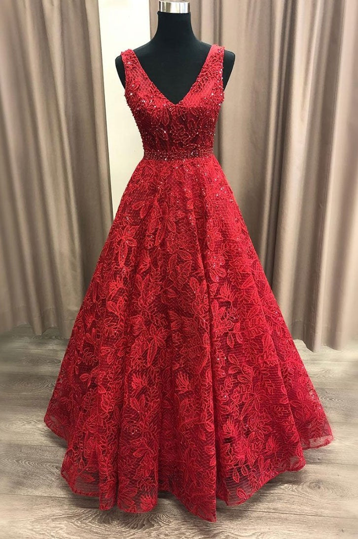 Pretty Burgundy Beading V-neck Red Lace Long Prom Dresses Prom Gowns