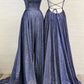 Beautiful Spaghetti Straps Backless Long Blue Party Prom Dresses