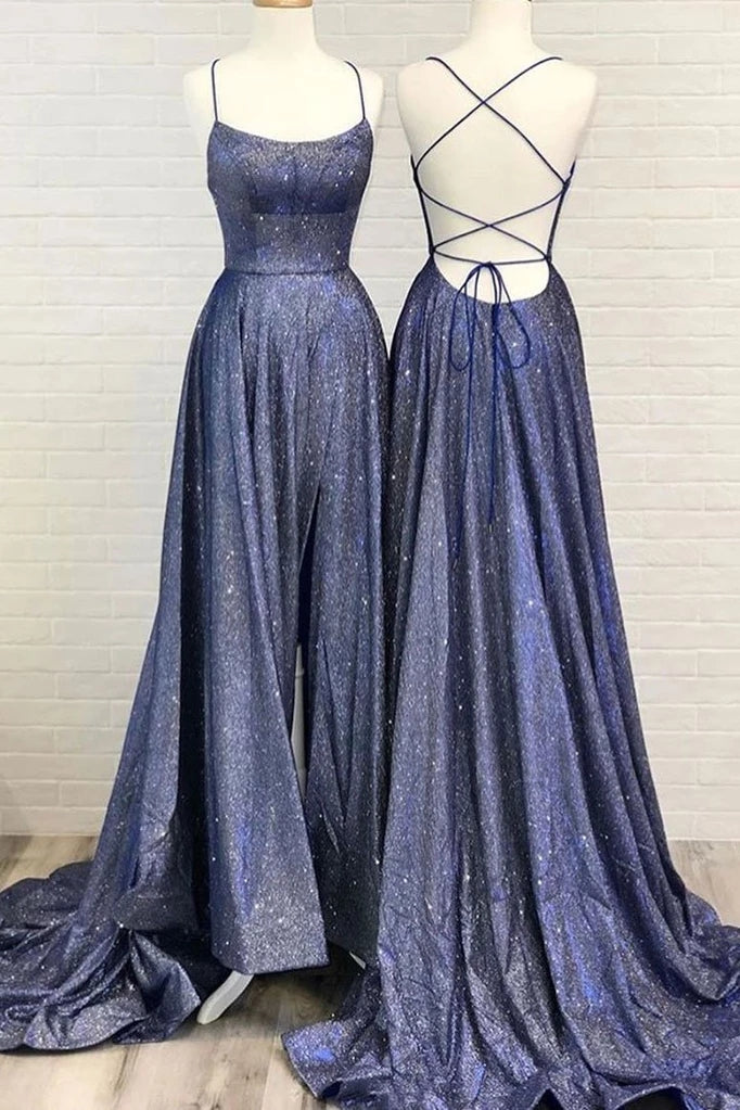 Beautiful Spaghetti Straps Backless Long Blue Party Prom Dresses