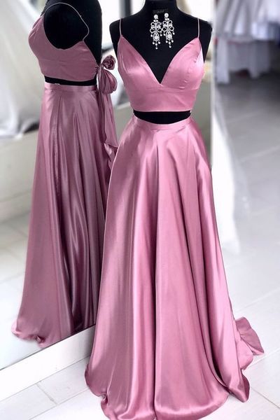Two Pieces Long Spaghetti Straps Backles Simple Style Prom Dresses