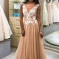 Elegant V-neck Long Lace Tulle Flowy Princess Prom Dresses For Teens
