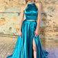 Simple Halter Two Pieces Beading Backless Long A-line Front Split Prom Dresses
