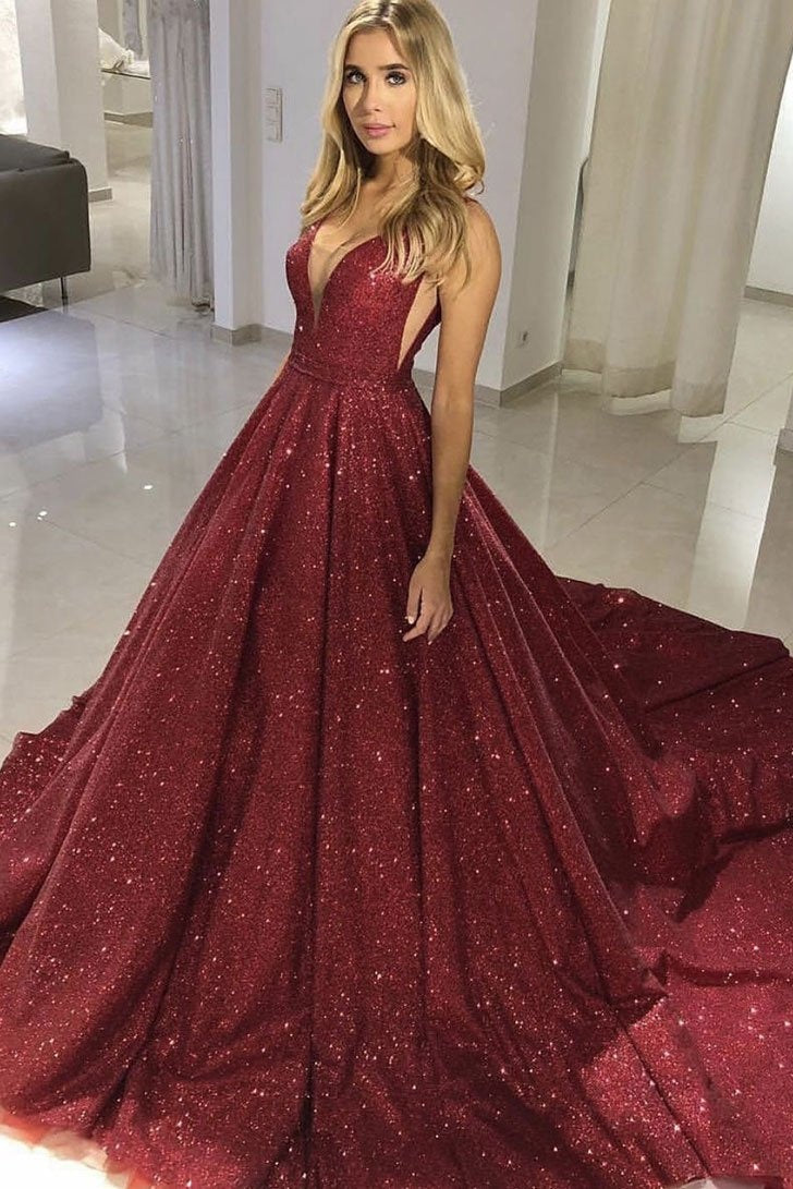 Sparkly Tight Long Ball Gown Sequin Shiny Burgundy Princess Prom Dresses M891