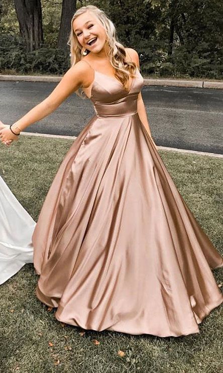 Charming A Line V Neck Champagne Silk Satin Long Bridesmaid