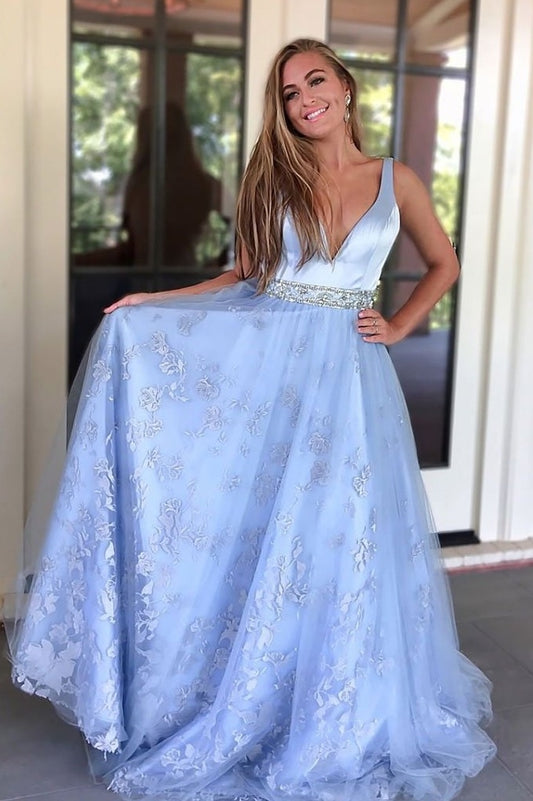 Light Blue V-neck Lace Beading Evening Dresses Elegant Long Prom Dresses