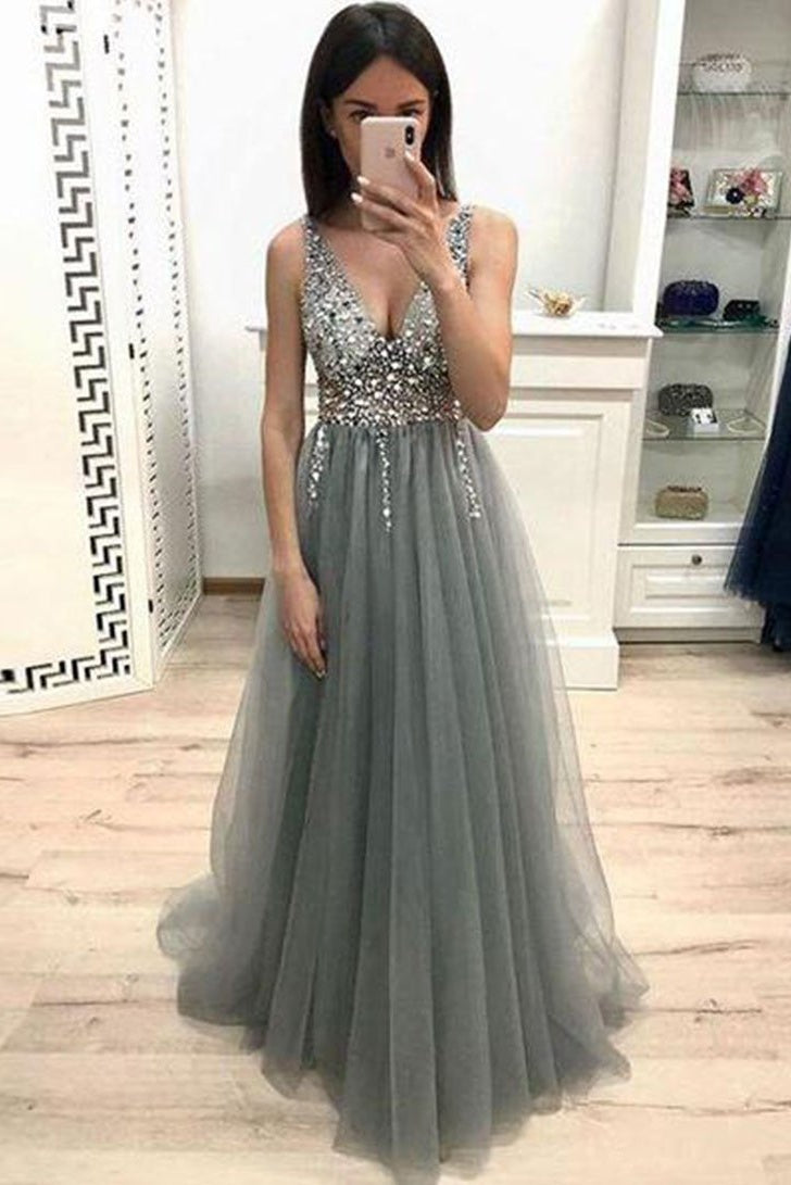 Silver And Gray Long V-neck Sparkly Beading Prom Dresses Women Dresses