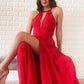 Flowy Red Chiffon Long Open Back Front Split Prom Dresses Fashion Dresses