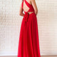 Flowy Red Chiffon Long Open Back Front Split Prom Dresses Fashion Dresses
