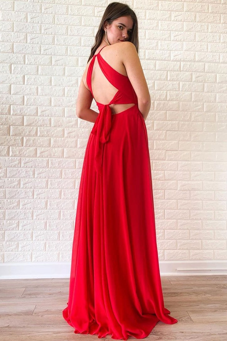 Flowy Red Chiffon Long Open Back Front Split Prom Dresses Fashion Dresses