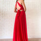 Flowy Red Chiffon Long Open Back Front Split Prom Dresses Fashion Dresses