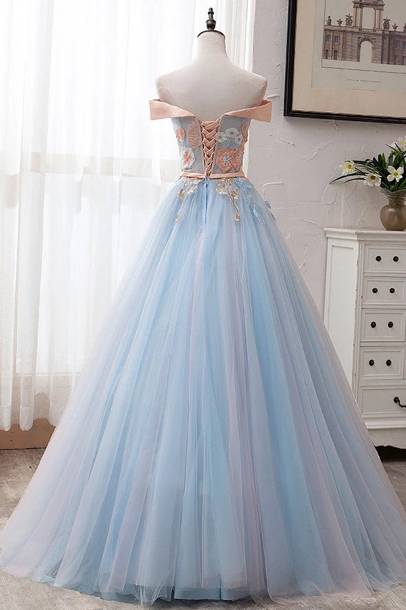 Newest Off The Shoulder Light Blue And Pink Long Elegant Ball Gown Prom Dresses Princess Dresses