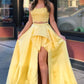 Pretty Two Pieces Lace Satin Long Prom Dresses For Teens Yellow Party Dresses