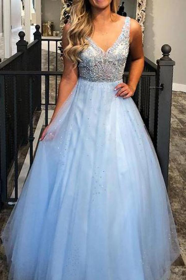 Sky Blue V-neck Charming Beaded Tulle A Line Ball Dresses Junior Prom Dresses