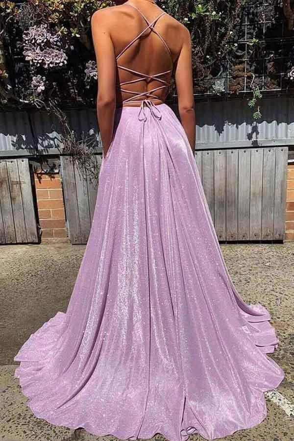 Sparkly Purple A-line New Spaghetti Straps Fashion Evening Dresses Long Prom Dresses
