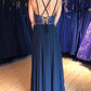 Navy Blue Prom Dresses V Neck Sleeveless Evening Dresses with Beading