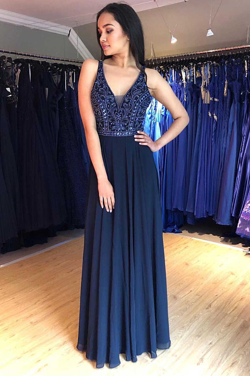 Navy Blue Prom Dresses V Neck Sleeveless Evening Dresses with Beading