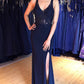 Navy Blue V Neck Backless Top Lace Prom Dresses with Split Side
