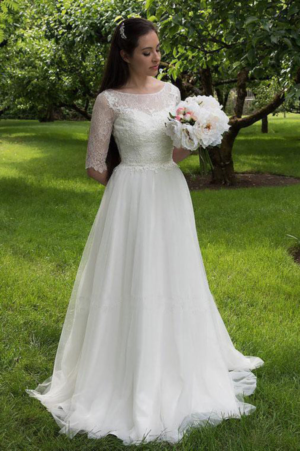 Charming Lace Sweetheart Neck Half Sleeves Wedding Dress W299 - Ombreprom