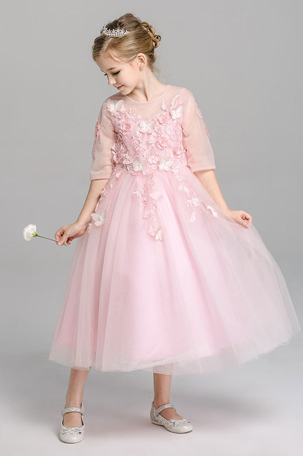A Line Round Neck 3/4 Sleeves With Appliques Tea Length Flower Girl Dresses F90 - Ombreprom