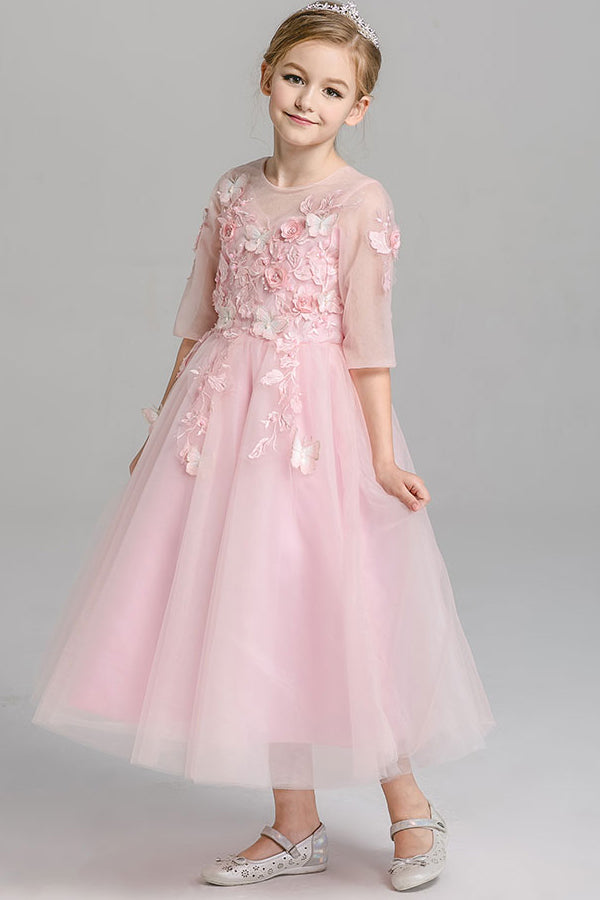 A Line Round Neck 3/4 Sleeves With Appliques Tea Length Flower Girl Dresses F90 - Ombreprom