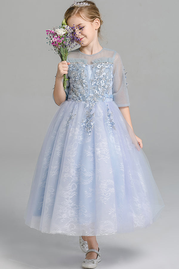 Cute Half Sleeves Round Neck Lace Tulle Appliques Flower Girl Dresses